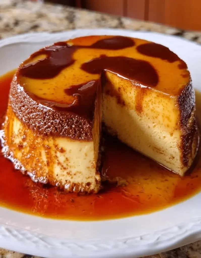 Flan Cremoso de Chocolate y Vainilla servido en un plato decorativo.