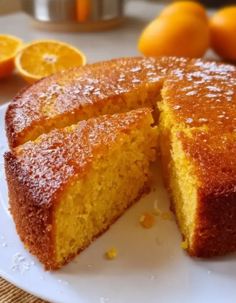 Pastel de naranja esponjoso y húmedo en un plato, decorado con rodajas de naranja