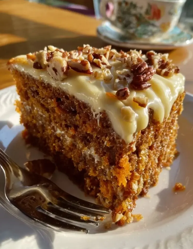 Pastel de zanahoria con frosting de queso crema decorado en un plato.