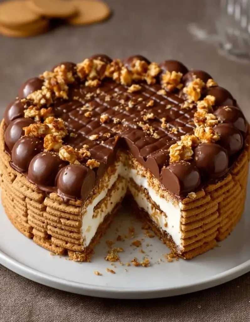 Deliciosa tarta de galletas sin horno, presentada en capas.