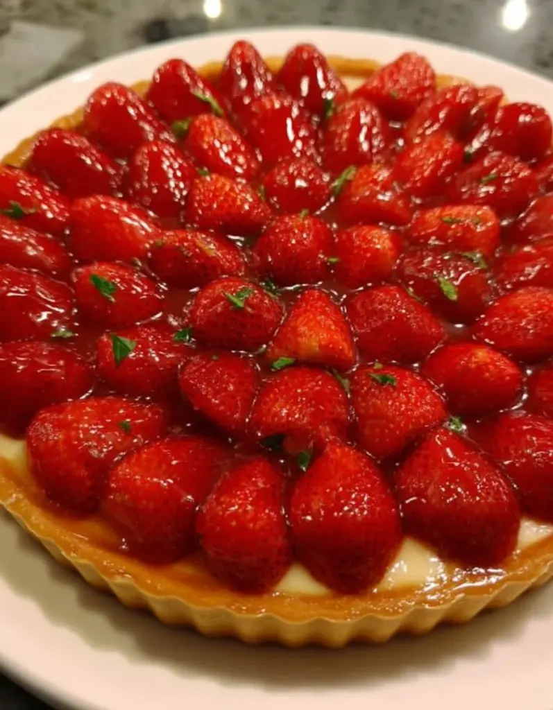 Tarta francesa de fresas decorada con fresas frescas y crema pastelera