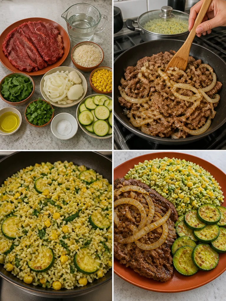 Bistec encebollado con arroz verde y calabacitas