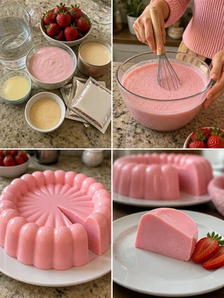 Gelatina de yogurt de fresa en un tazón decorado con fresas frescas