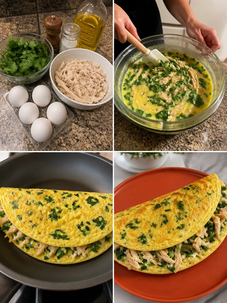 Omelette de pollo con espinacas