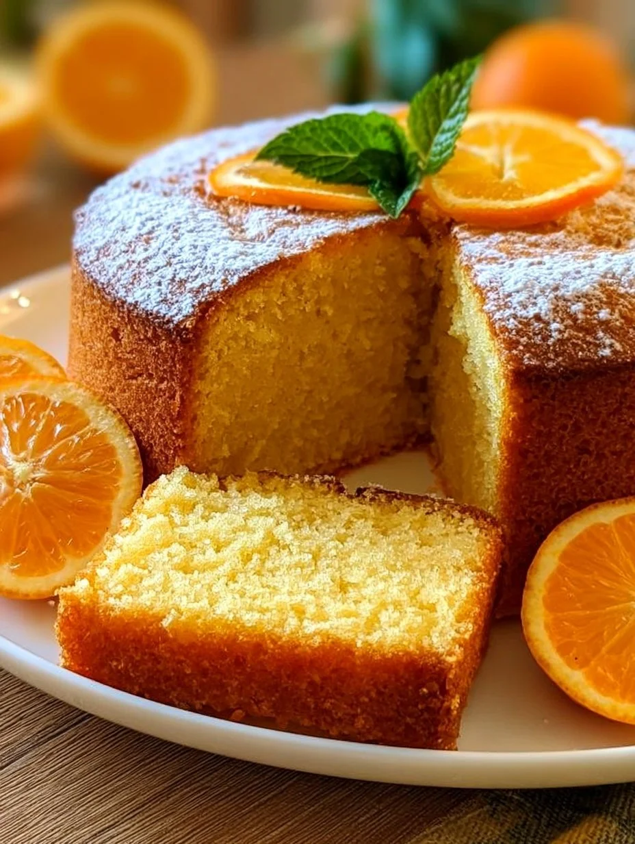 Pastel de Naranja Casero decorado con rodajas de naranja fresca.