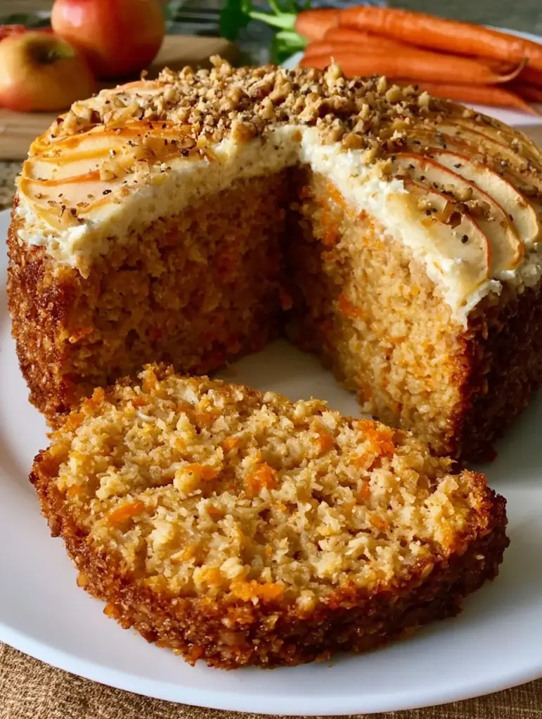 Bizcocho de avena, manzana y zanahoria recién horneado y esponjoso