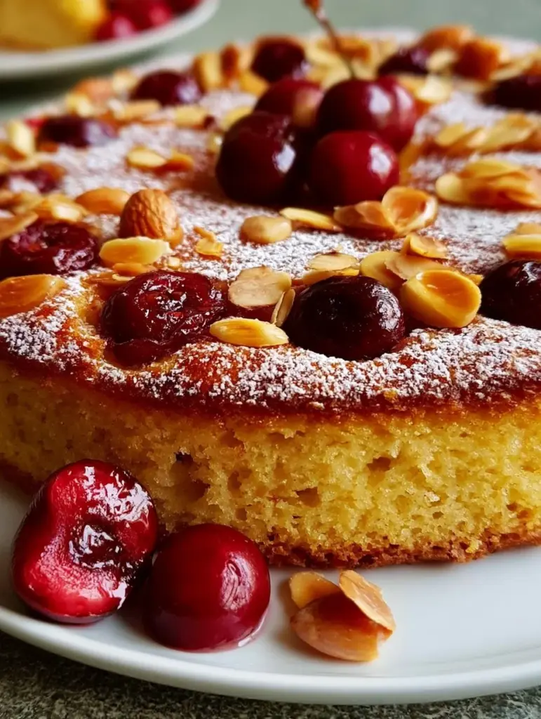 Bizcocho de cerezas con almendra y jugo de naranja en un plato decorativo