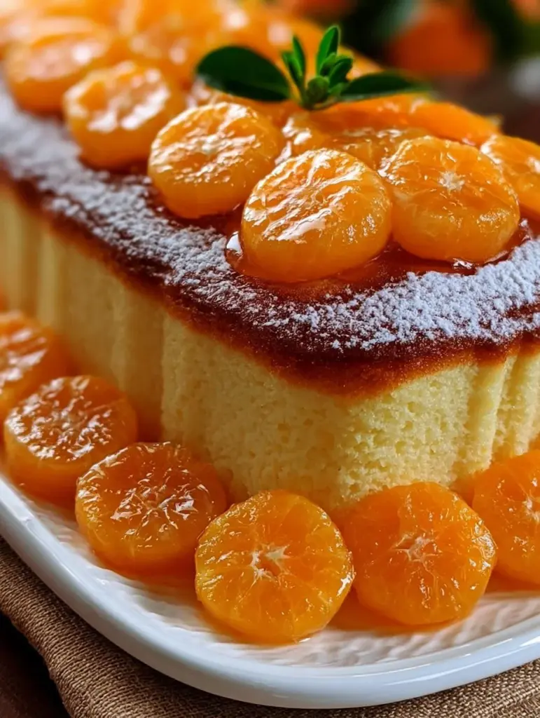 Budín de mandarina fresco y esponjoso servido en un plato blanco.