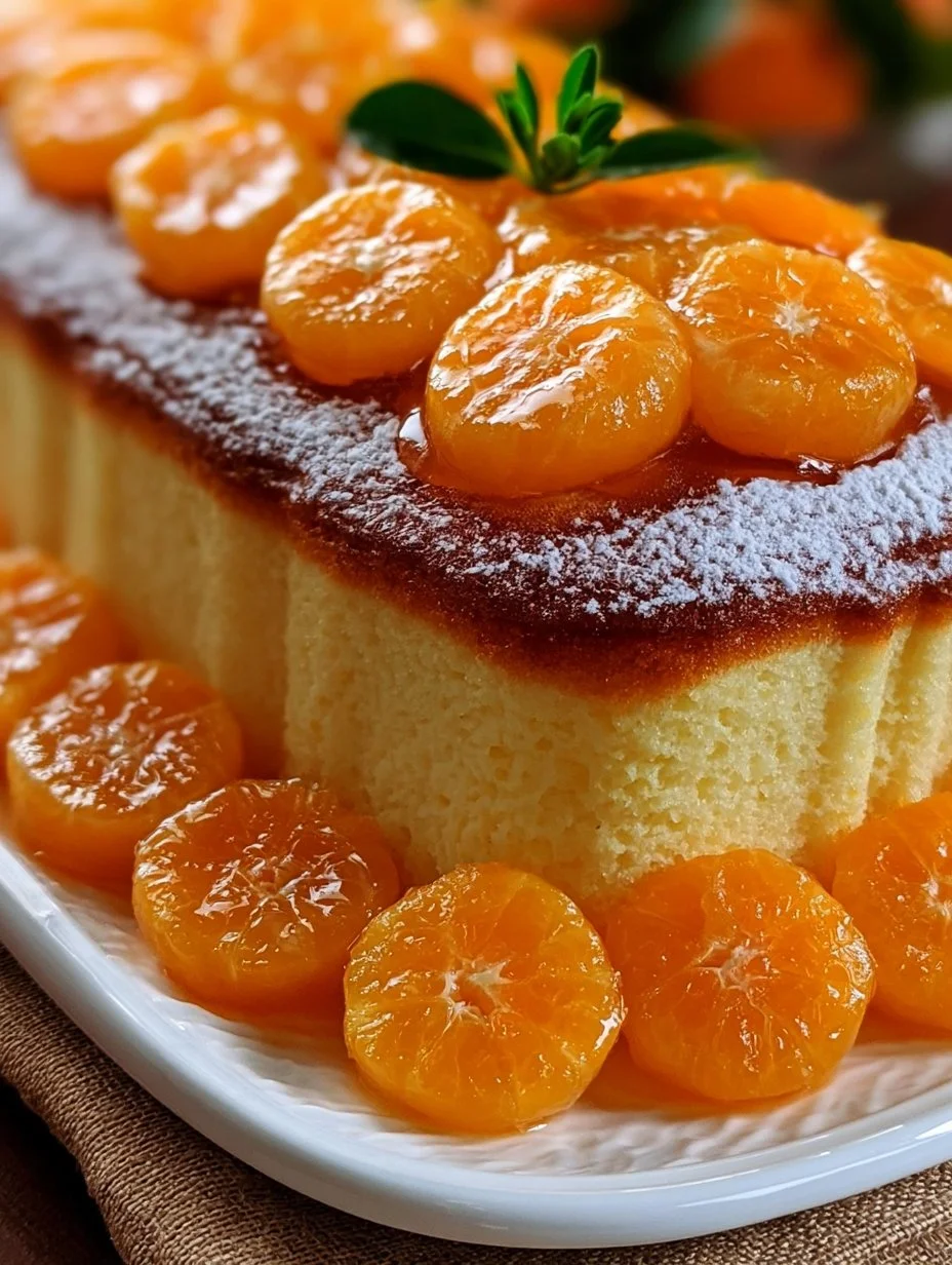 Budín de mandarina fresco y esponjoso servido en un plato blanco.