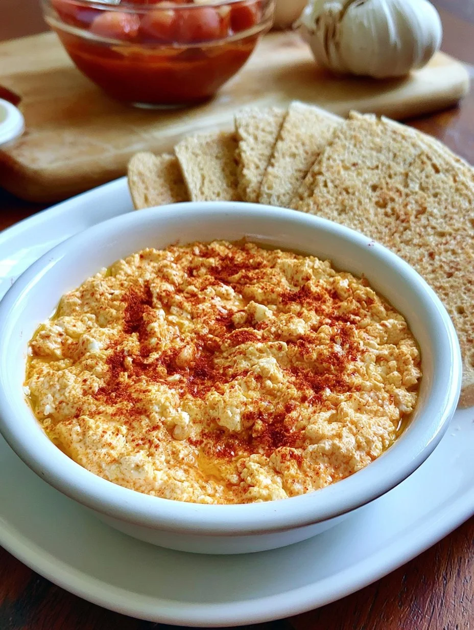 Dip de Queso Feta cremoso y sabroso en un tazón, ideal para dippear.