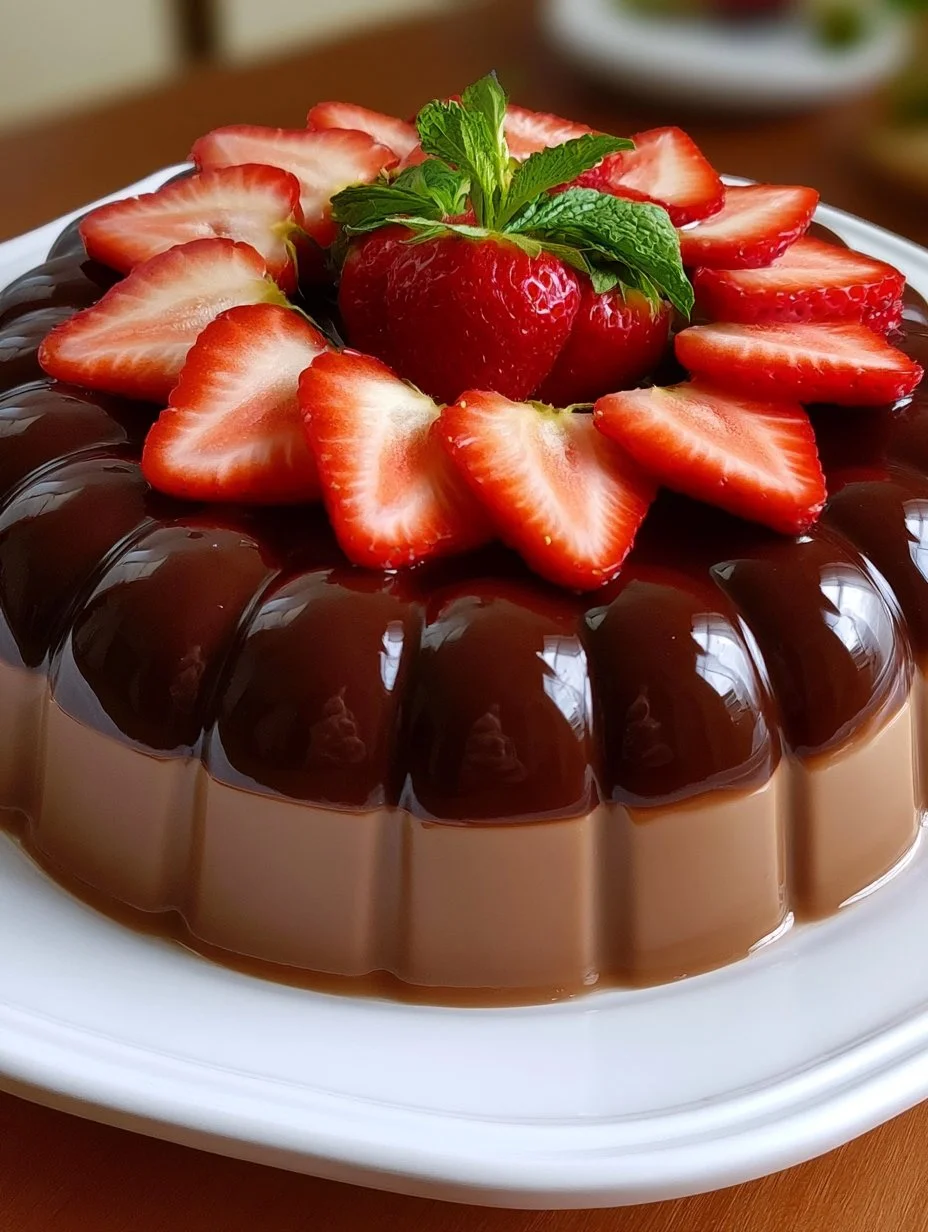 Gelatina de chocolate servida en un elegante plato con decoración de crema