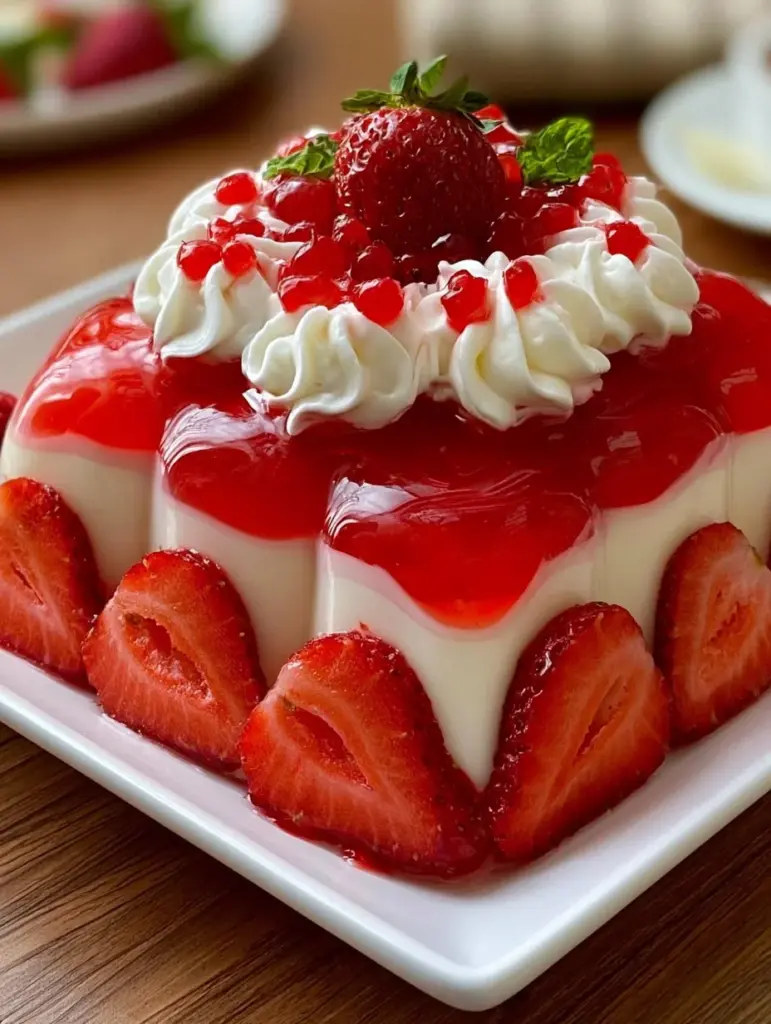 Gelatina de Fresas decorada con crema y frutas frescas