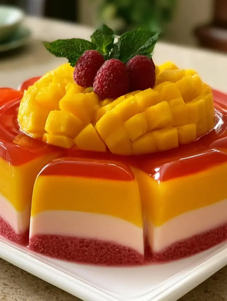 Gelatina de mango y frambuesa servida en un vaso decorativo