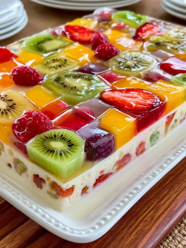 Gelatina de mosaico con fruta fresca y crema en una presentación atractiva