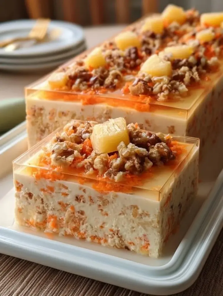 Gelatina de zanahoria, piña y nuez presentada en un plato decorativo.