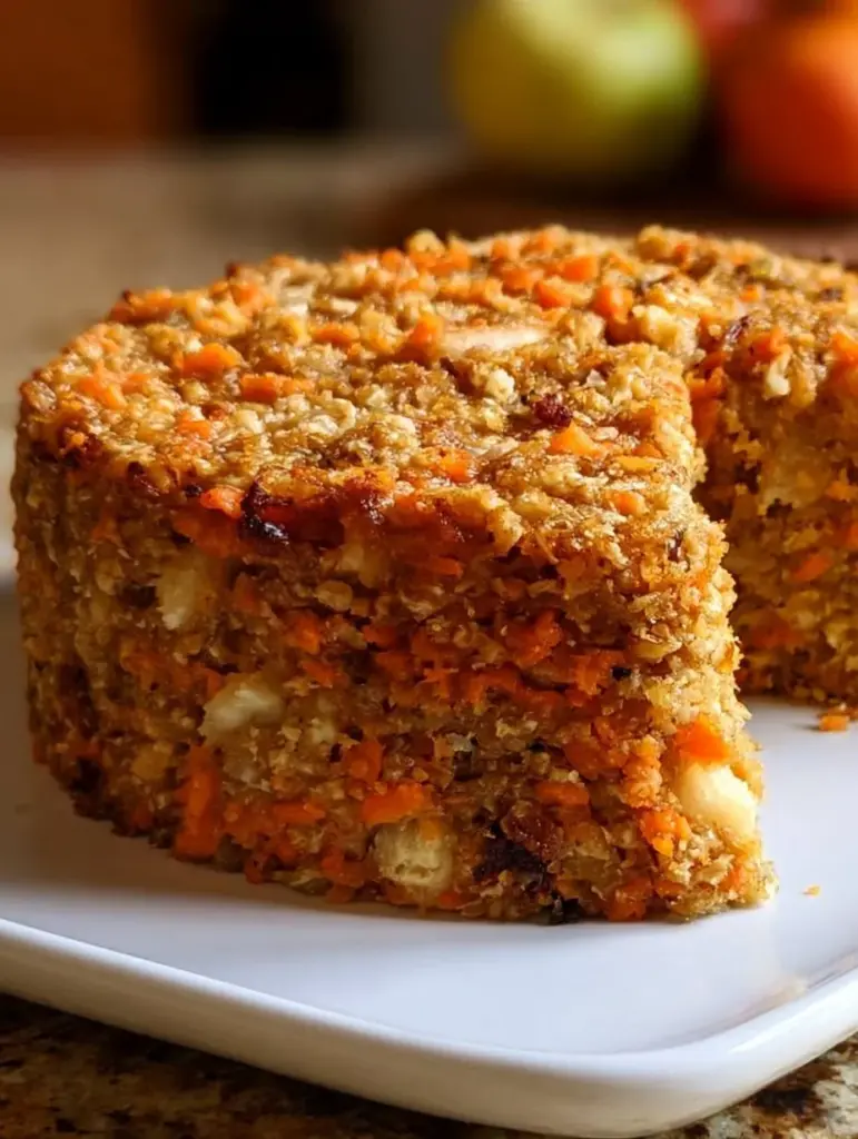 Pastel saludable de avena, manzana y zanahoria, ideal para una merienda nutritiva.