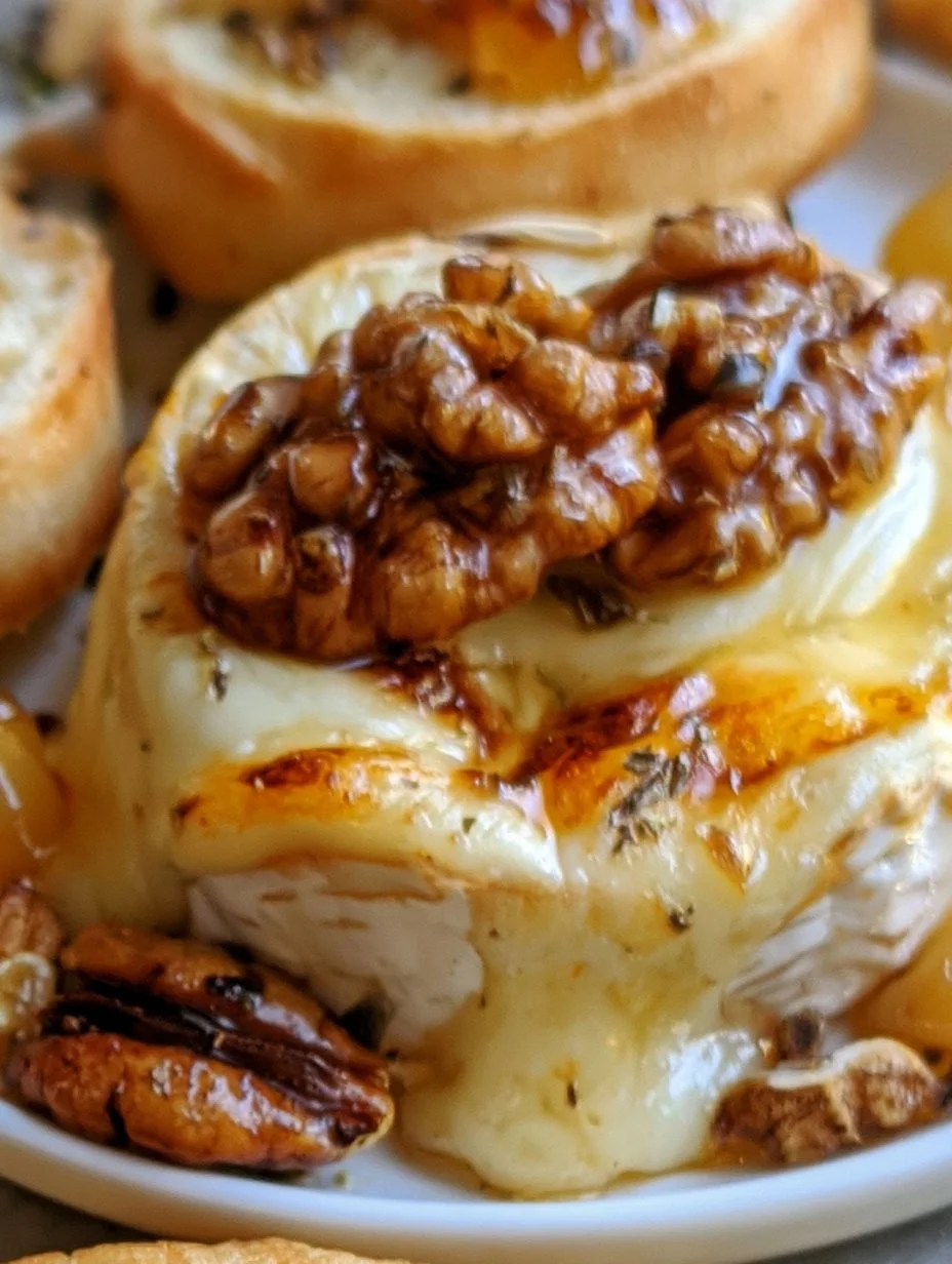 Plato de queso brie derretido acompañado de pan y frutas