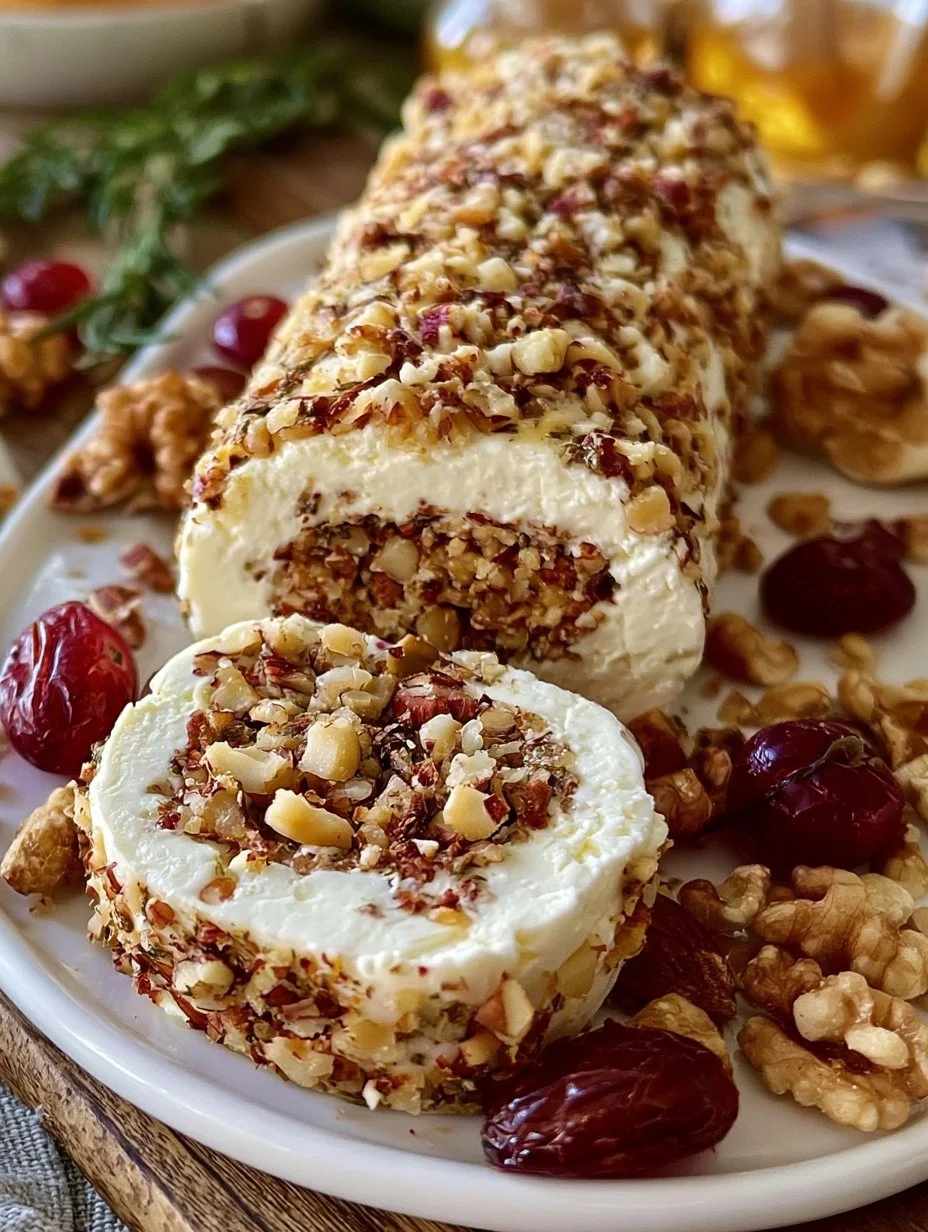 Rollo de queso con frutos secos, un delicioso aperitivo presentado en una tabla.